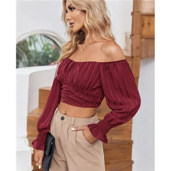 Women's Off Shoulder Puff Sleeve Chiffon Crop Top